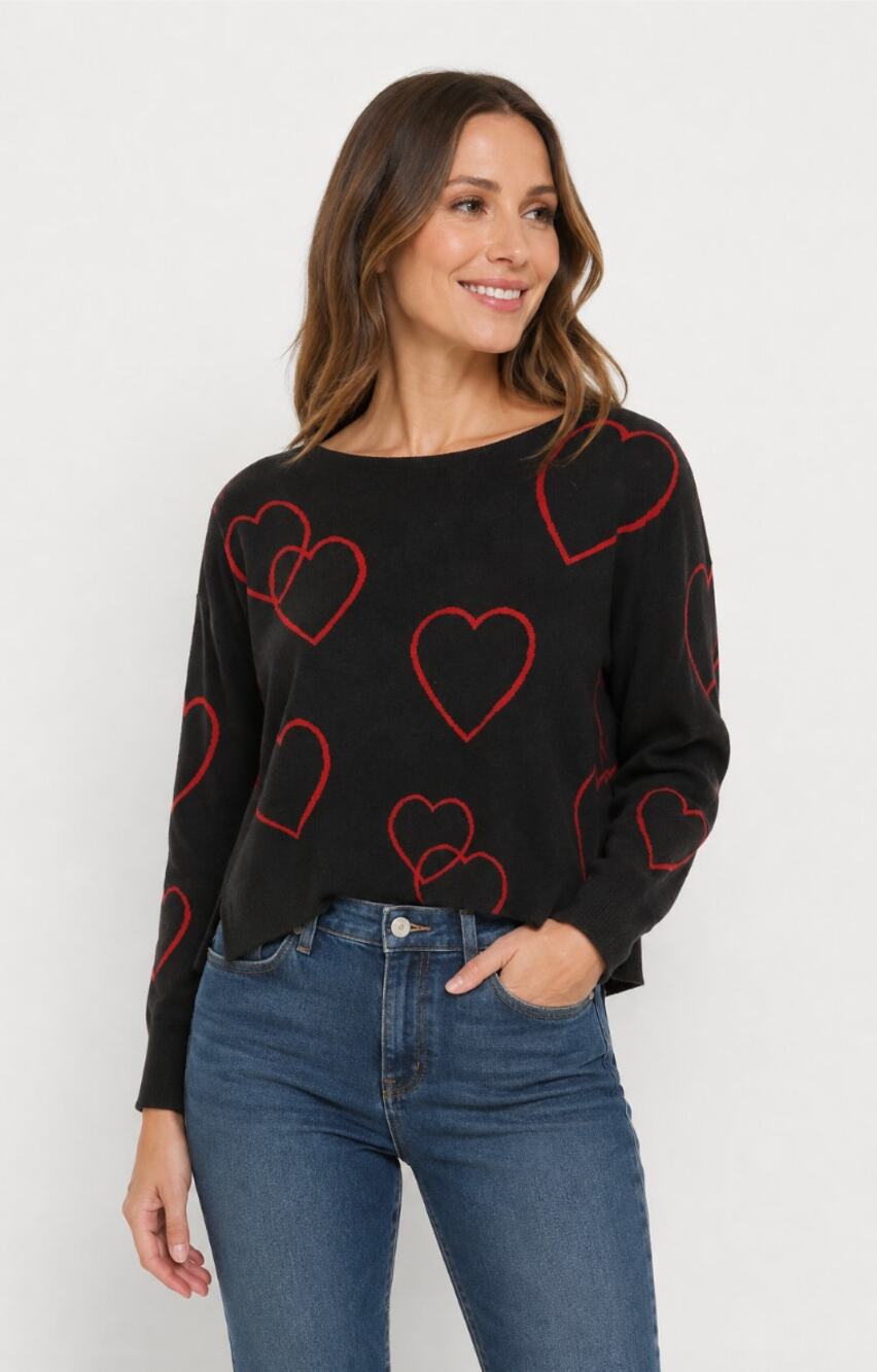Philosophy Women’s Medium Black Red Heart Print Pullover Sweater Long Sleeve